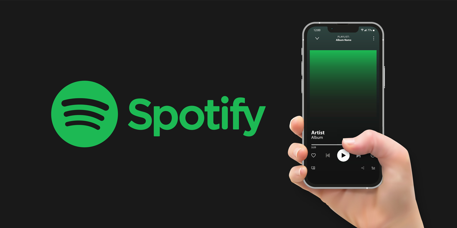 Woman hand holding the smartphone with Spotify player mockup, so